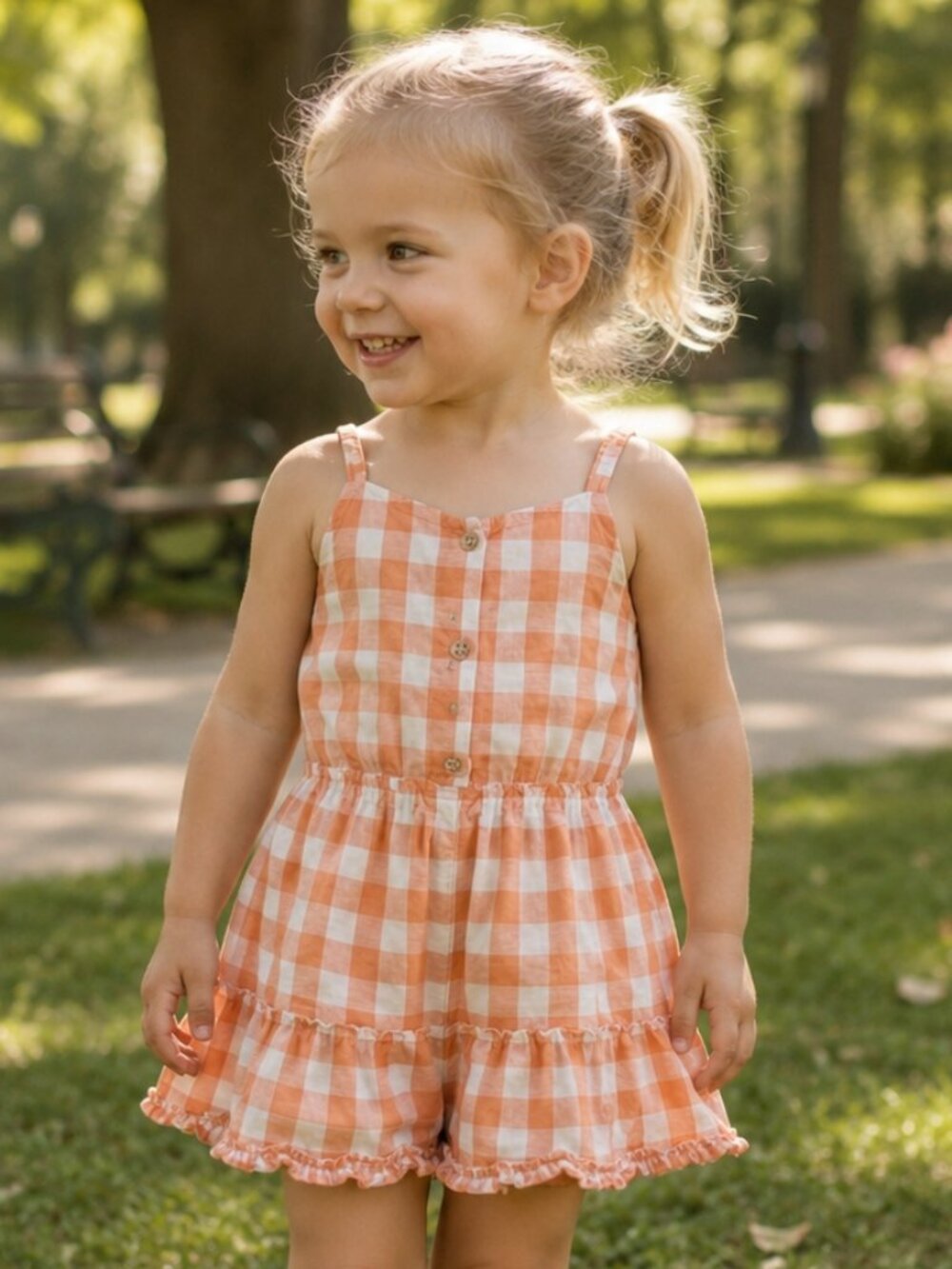 Carter's Orange Romper / Plaid Jumpsuit — 100% Cotton — For a 3-Year-Old Girl